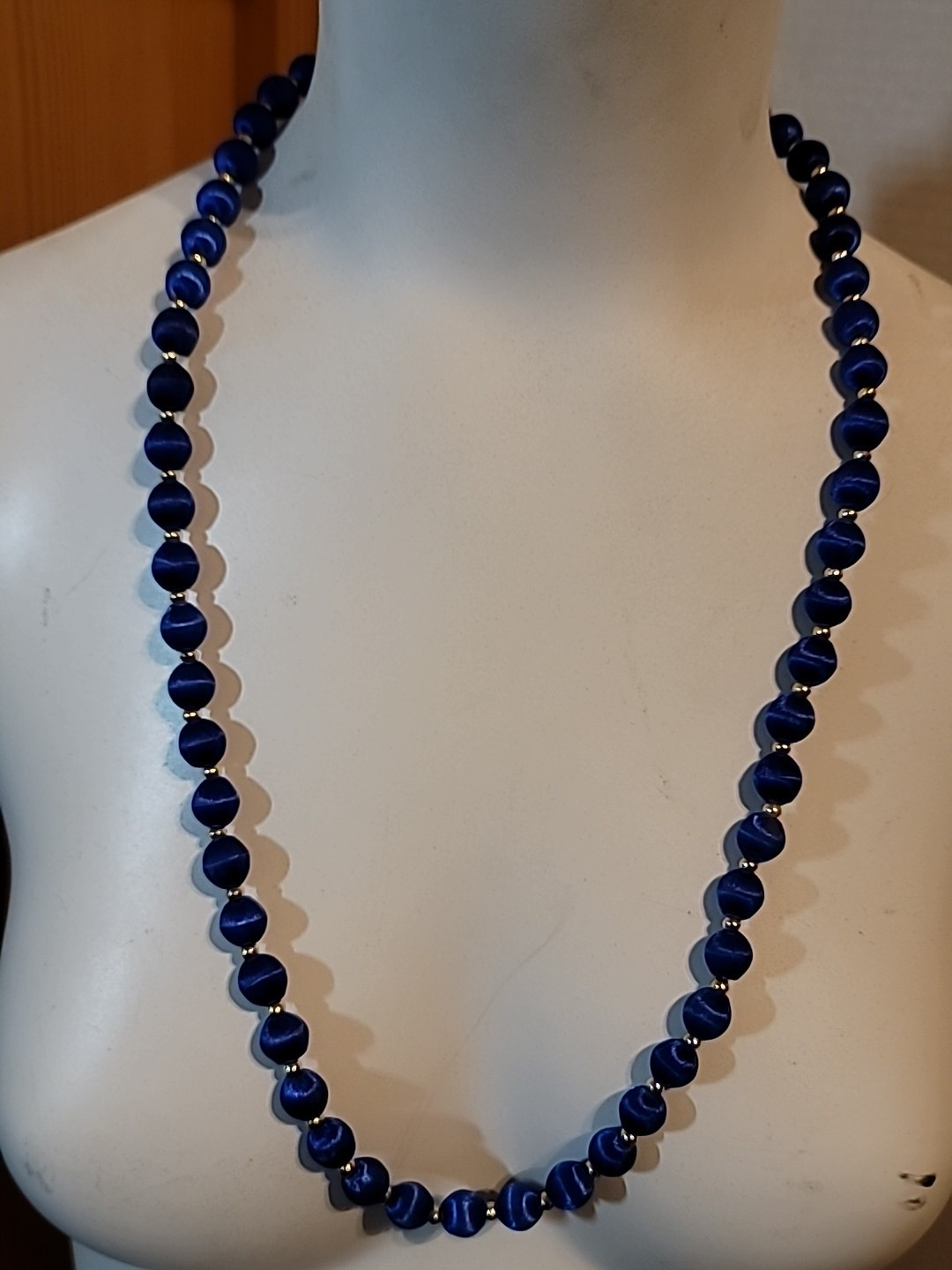 Royal Blue Silk Satin Thread Beaded Necklace Gold w/ Toned Beads