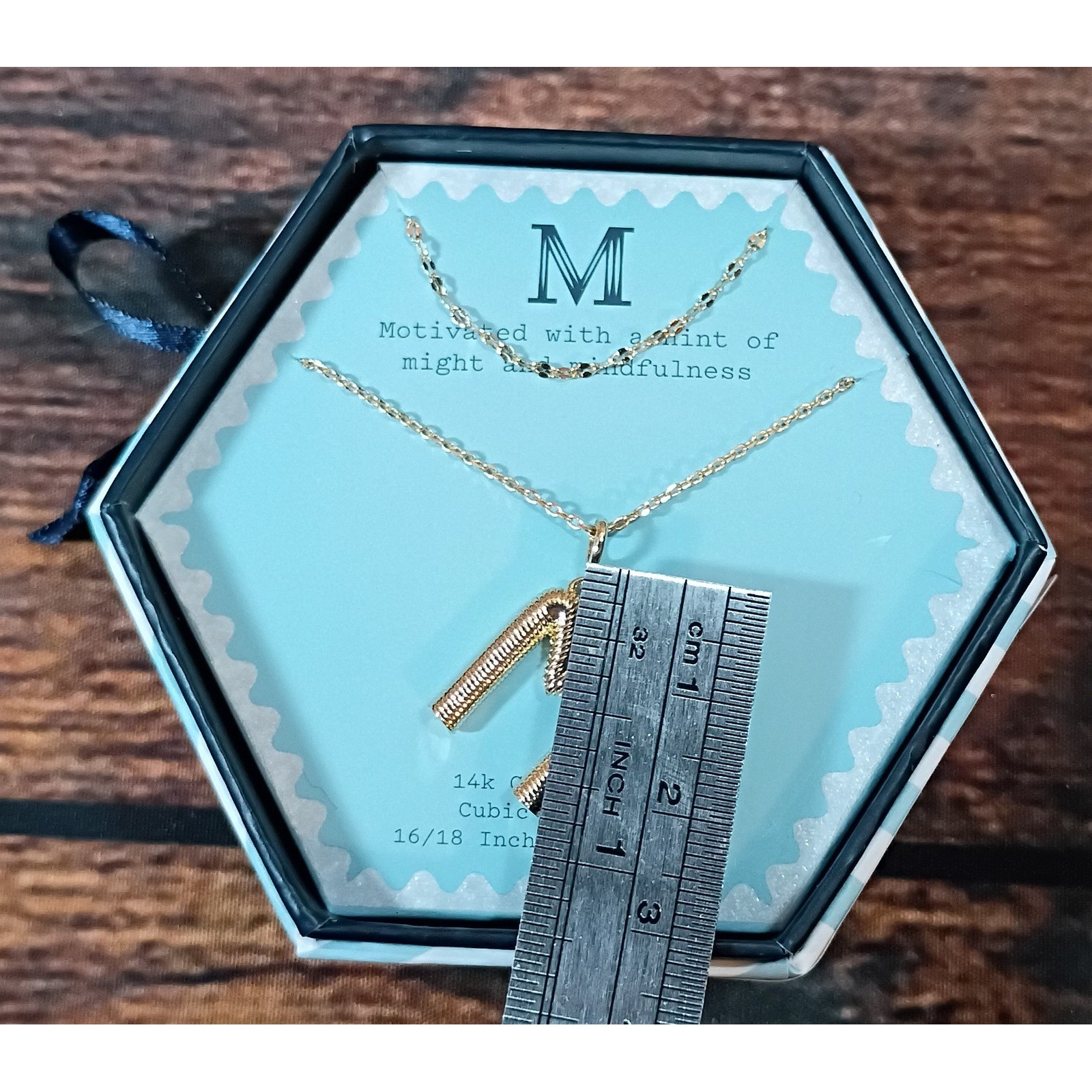 A New Day 14k Gold Dipped Initial M Necklace Cubic Zirconia Ribbed Pendant Boxed