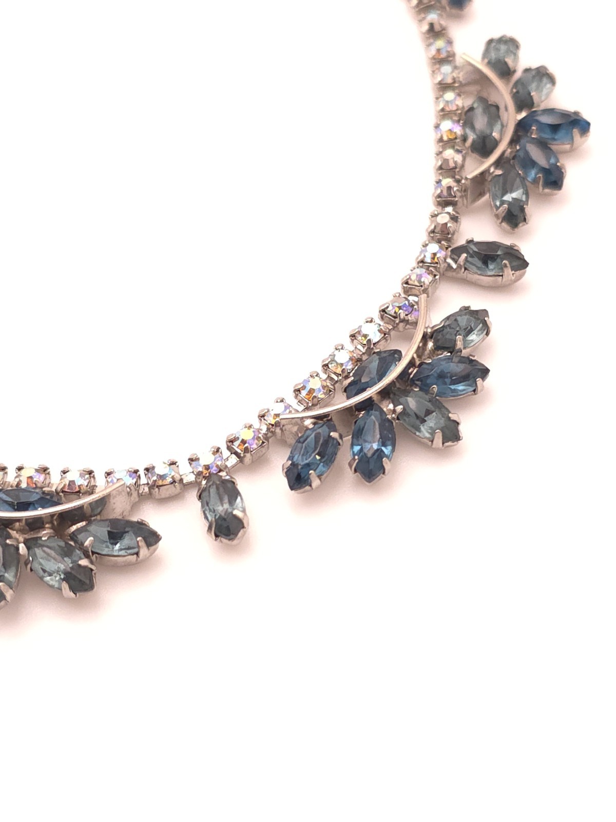 Silver Tone Blue Marquise Crystal Rhinestone Statement Collar Necklace Hook