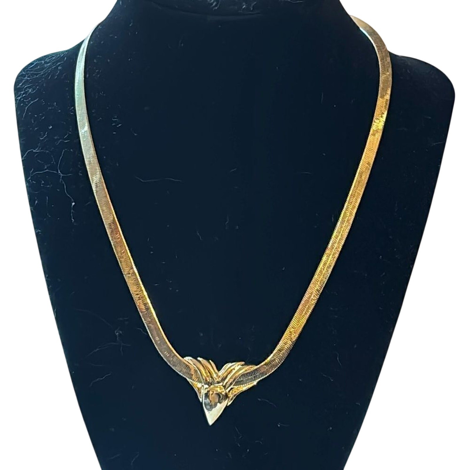 Vintage Gold Tone Herringbone Statement Necklace Sculptural Centerpiece 18”