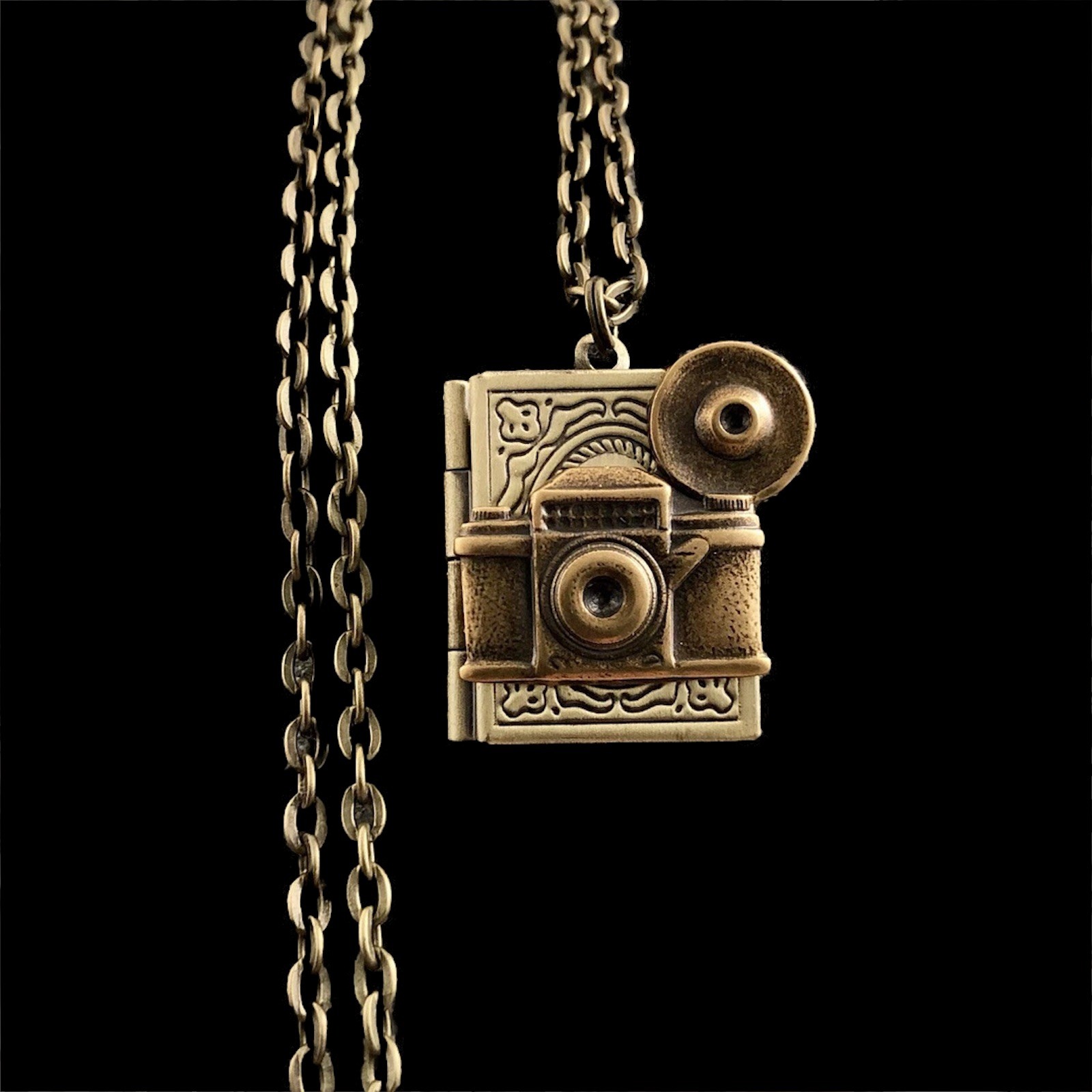 Vintage Camera w/ Flash Bulb Photo Book Locket Necklace, Antique Brass