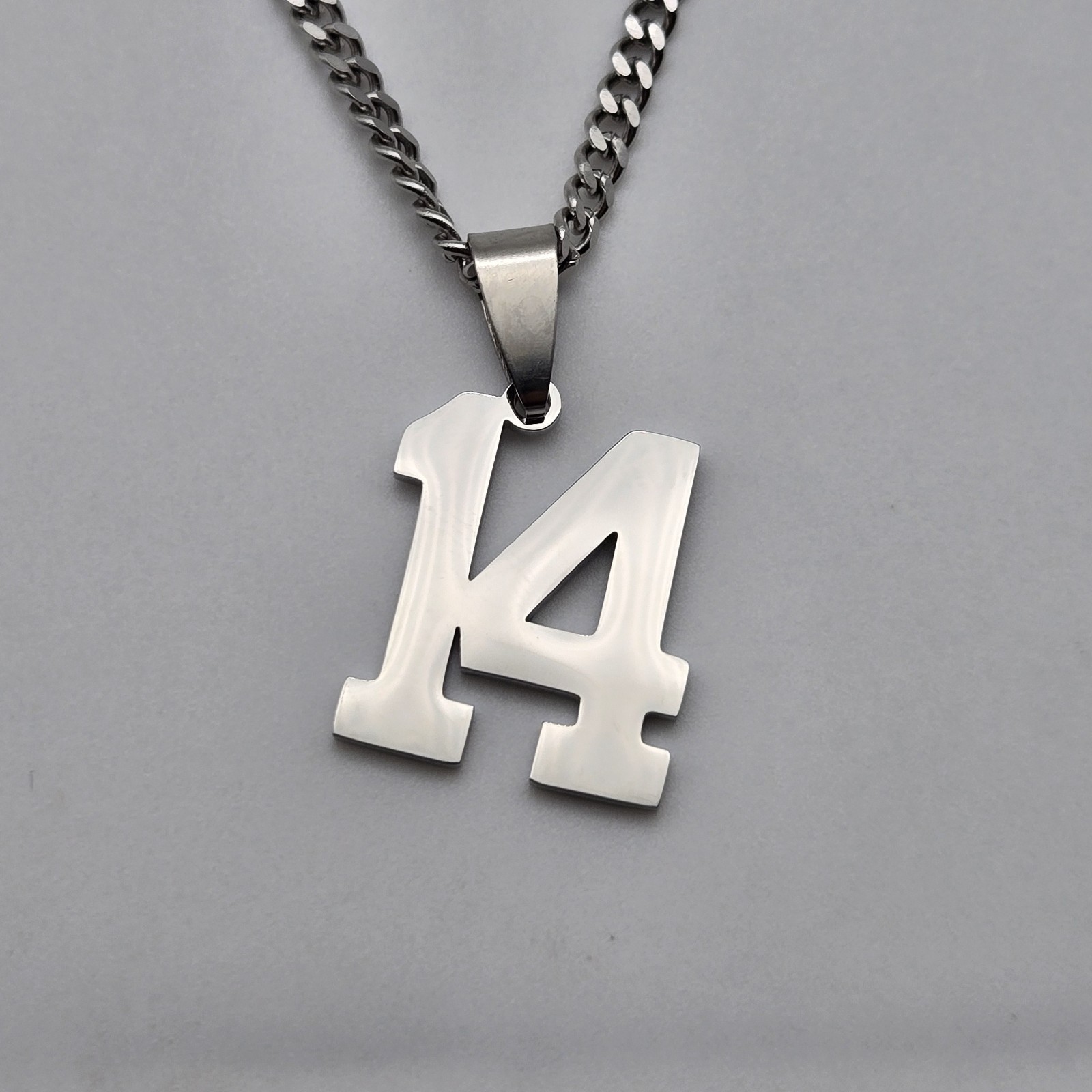 #14 BASEBALL FOOTBALL NUMBER Pendant Charm / 18″-24″ STAINLESS CHAIN NECKLACE