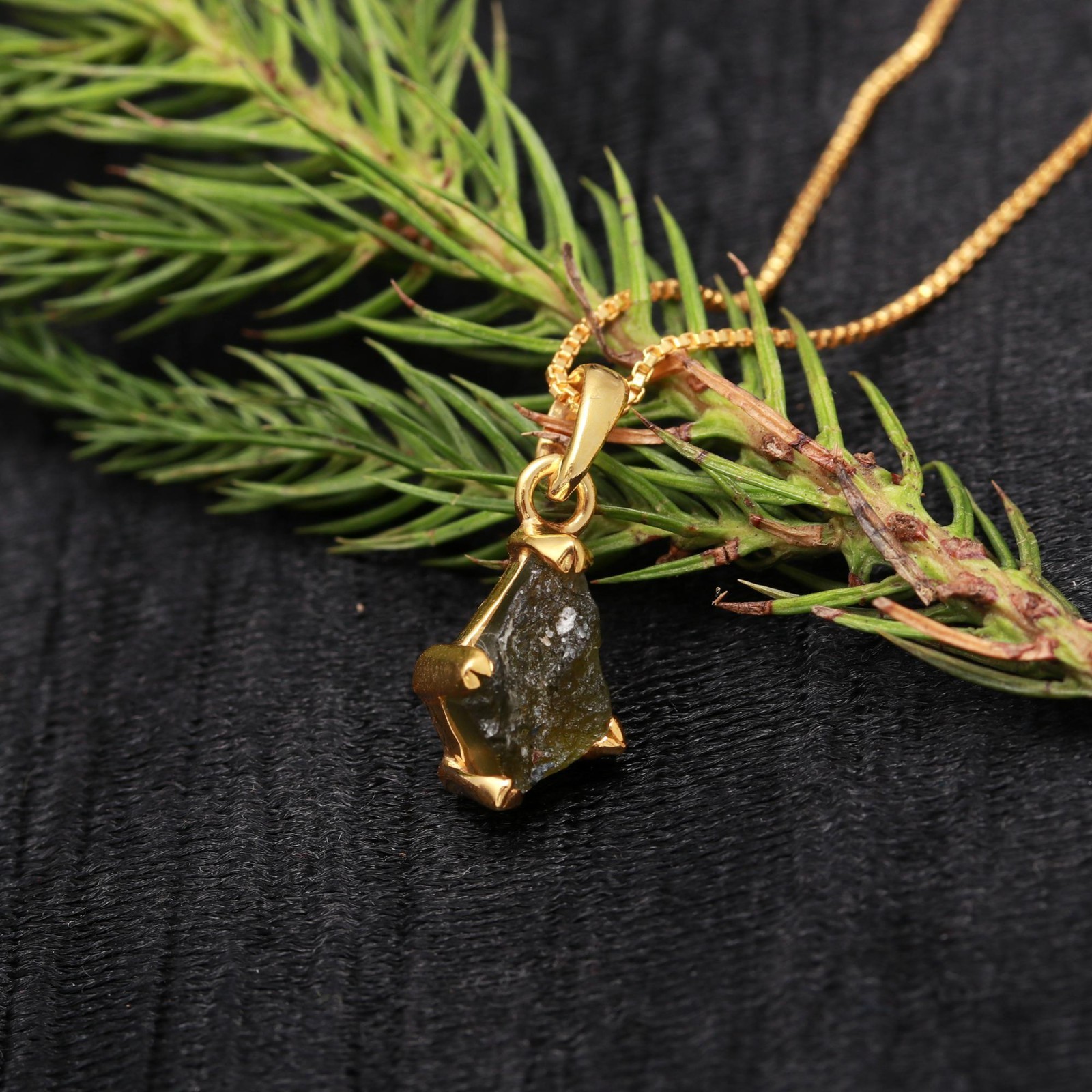 Rough Moldavite Kite Chain Pendant Gold Plated Solid Silver Handmade Jewelry