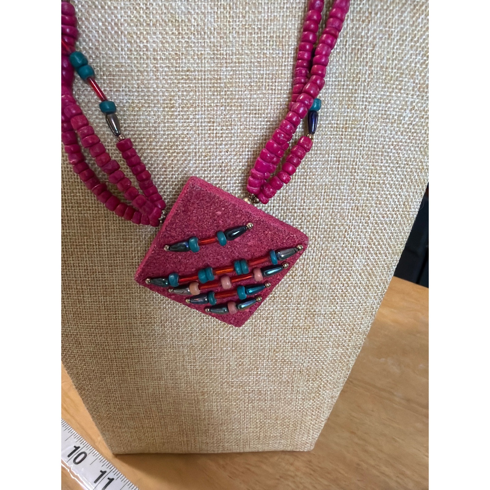Pink Multi Strand Beaded Statement Necklace Square Leather Pendant Boho Artsy
