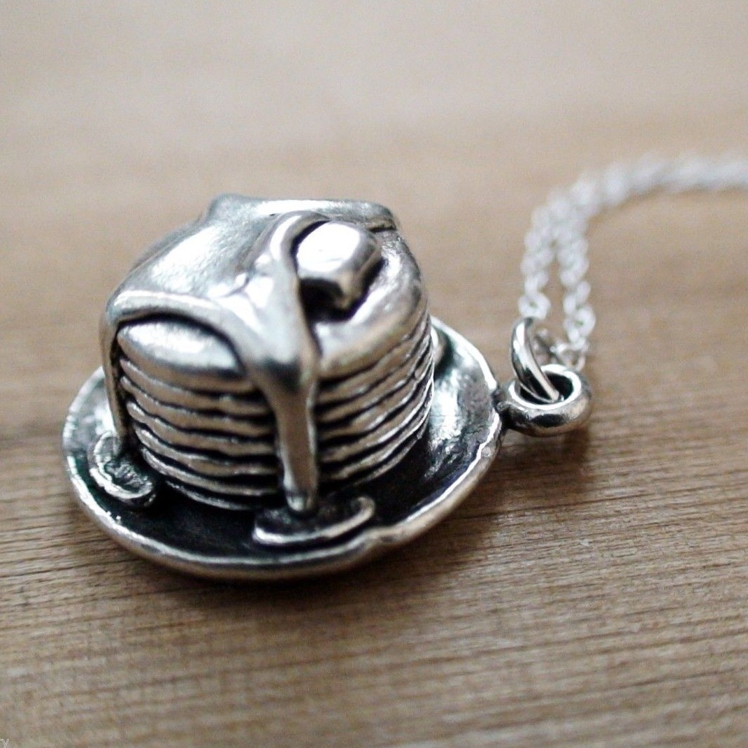 Stack of Pancakes Necklace – 925 Sterling Silver – 3D Charm Breakfast Food NEW