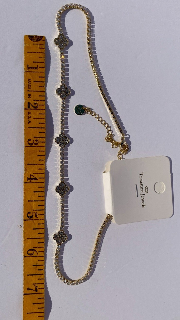 Treasure Jewels Gold Tone 5 Clover Station Necklace White Pavé CZ Alhambra Style
