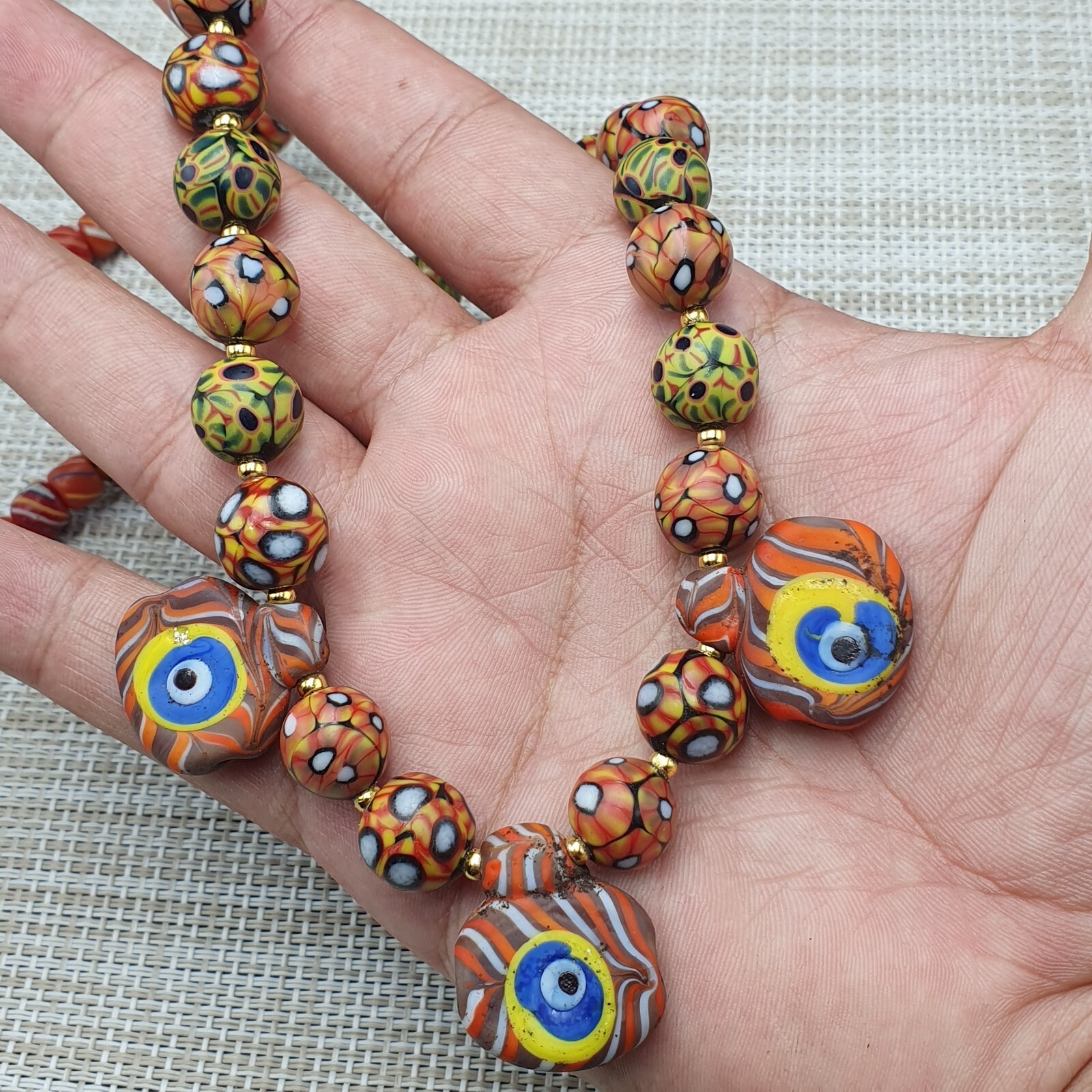 Vintage Venetian Style Eyes Glass with Old 3 Eyes Glass Beaded Necklace