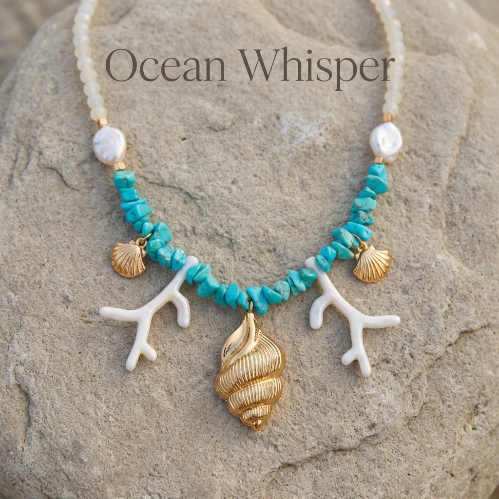 Bohemian Blue Irregular Stone Beaded Choker for Women Exaggerated Conch Coral Pe