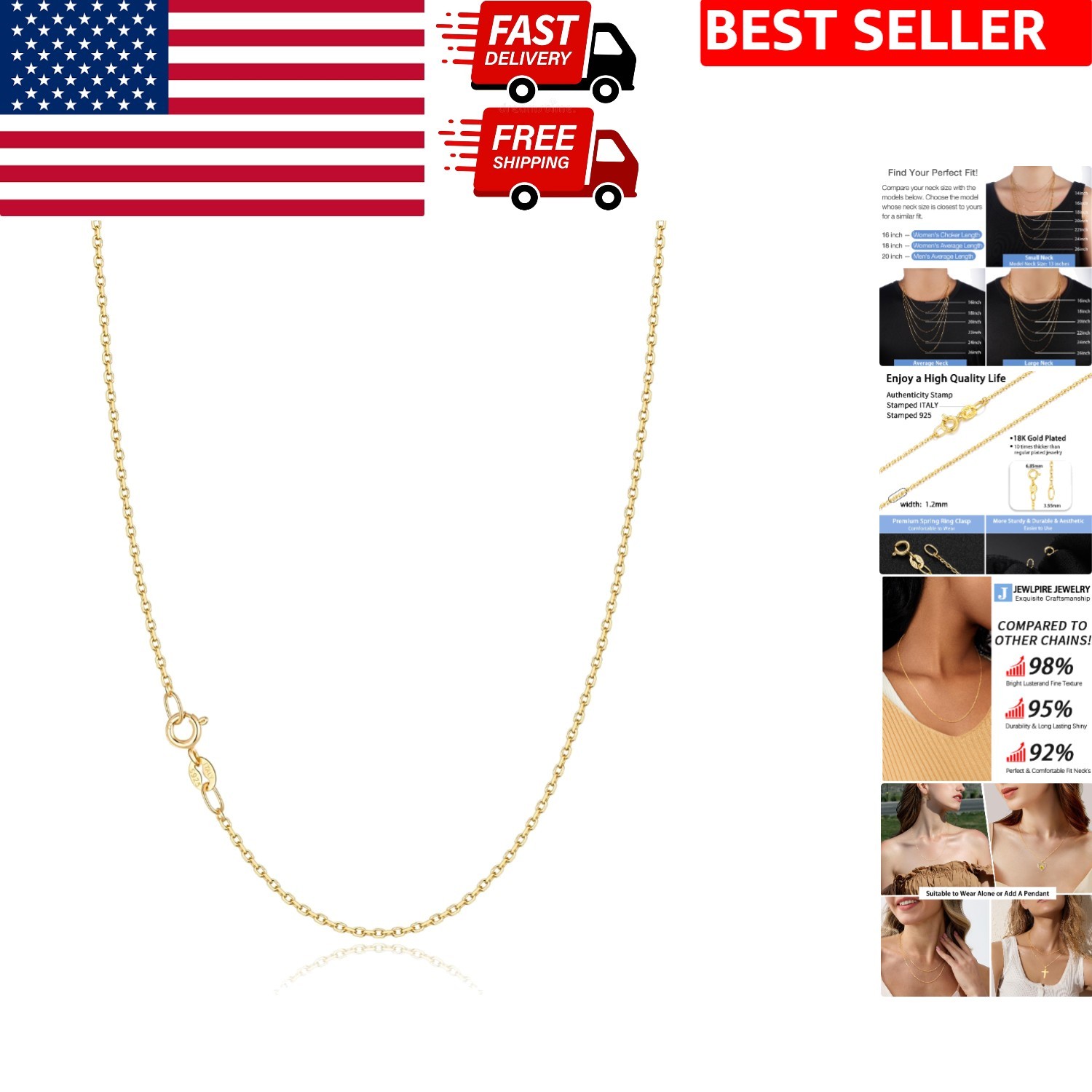 Elegant 18K Gold Plated Sterling Silver Cable Chain Necklace