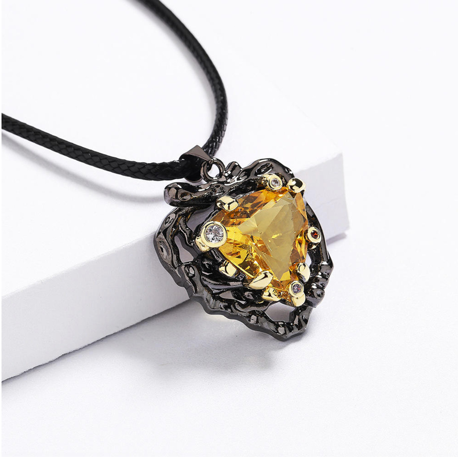 Yellow Cubic Zirconia Pendant Necklace Trillion Cut Black Gothic Halo Style