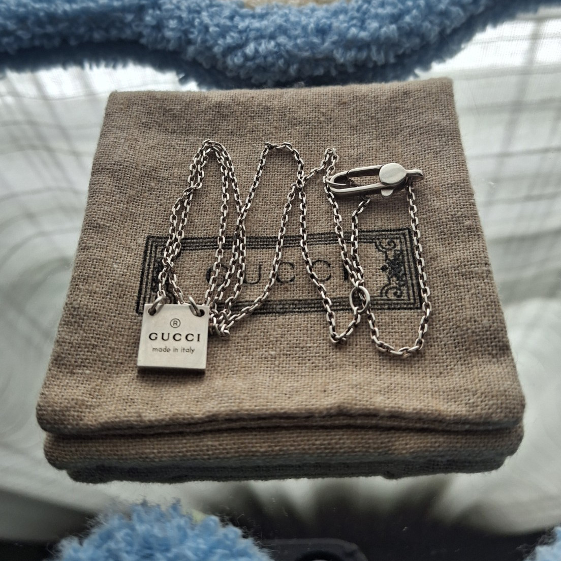 Gucci Silver Cable Chain Necklace Square Charm Pendant Hook Closure Signed
