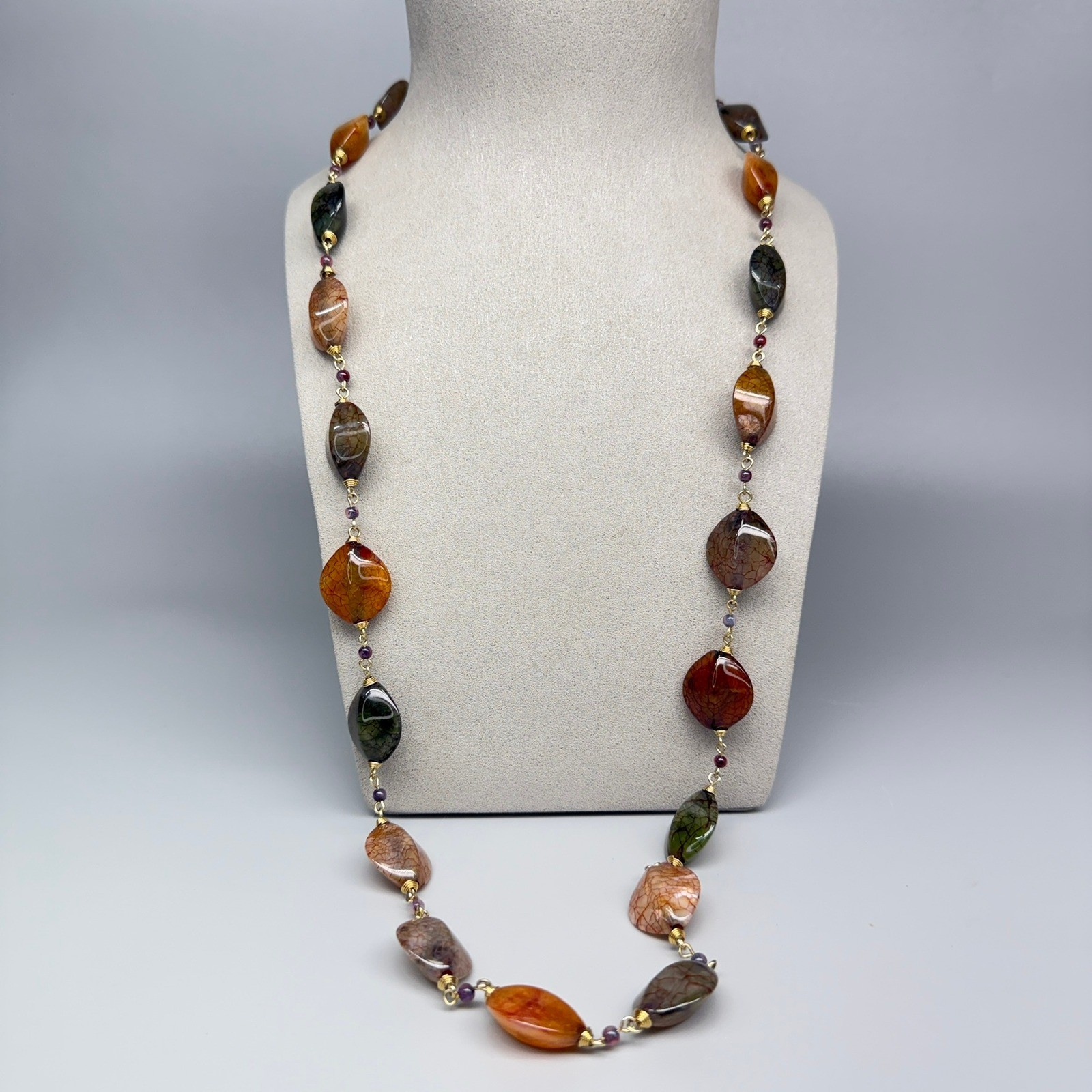 Multi-Color Acrylic Dragon Vein Bead Chain Necklace 32″ Fall Colors Bohemian