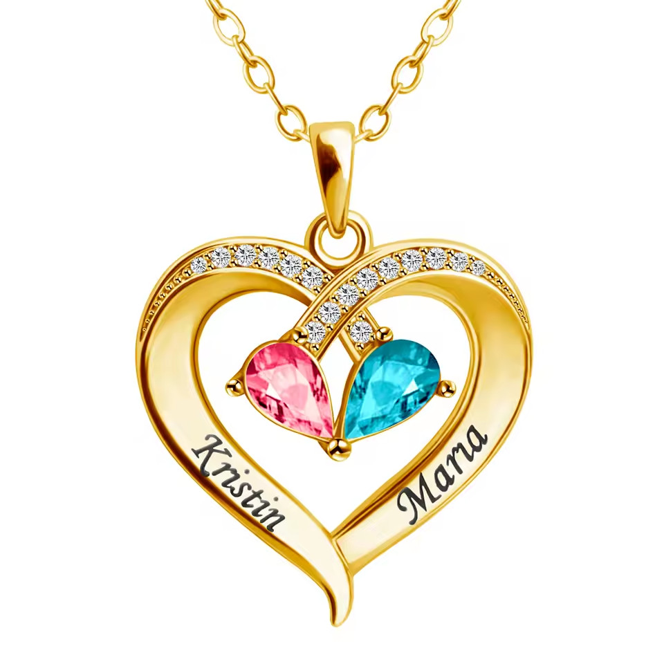 Custom Double Birthstone Name Necklace Engraved Jewelry Zirconia Heart Pendant