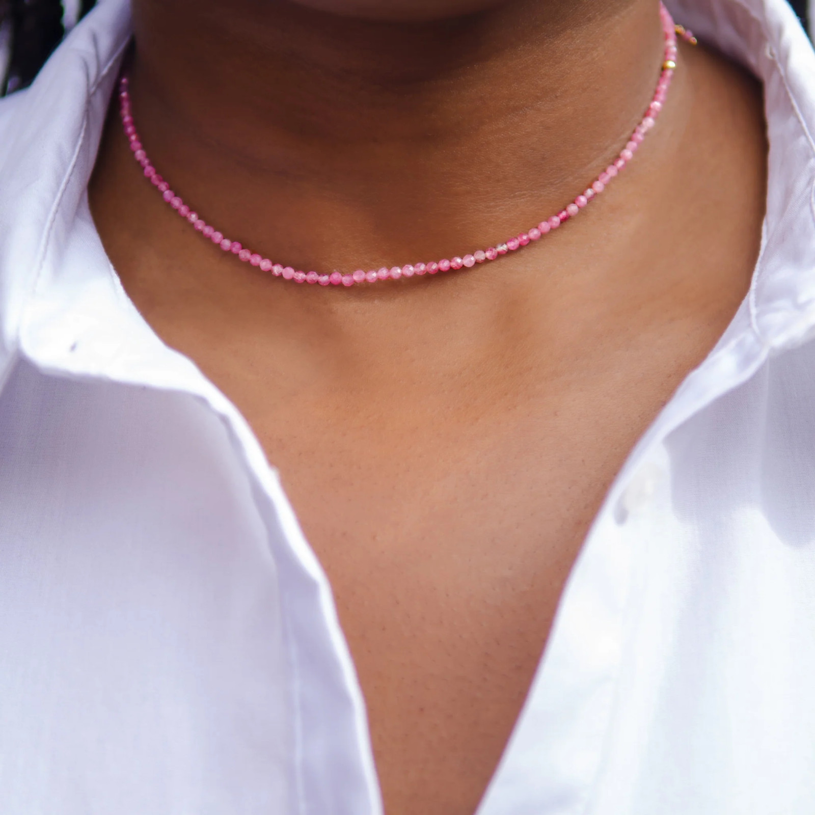 Pink Tourmaline 2mm Crystal Gemstone Beads Minimalist Dainty Choker Necklace