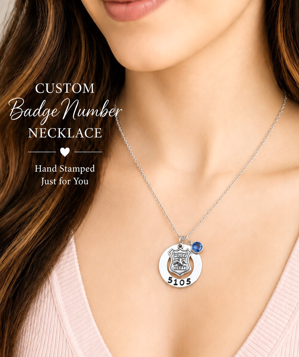 Police Hand Stamped Necklace w/ Custom Badge Number, Police Wife, Daughter, Mom