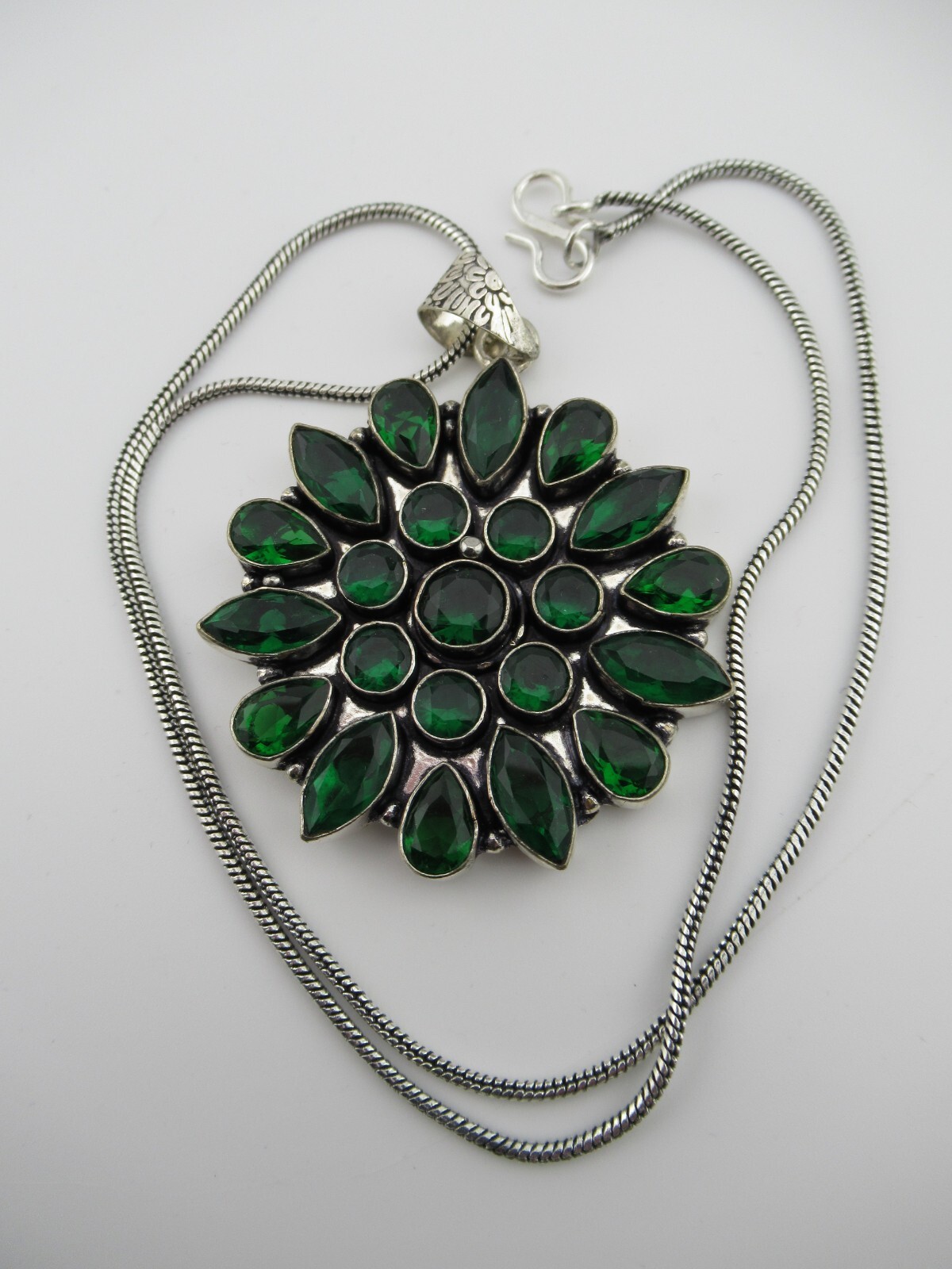 Necklace Pendant Flower Green Cluster Bezel Set Glass Cabs Bold Large Silver