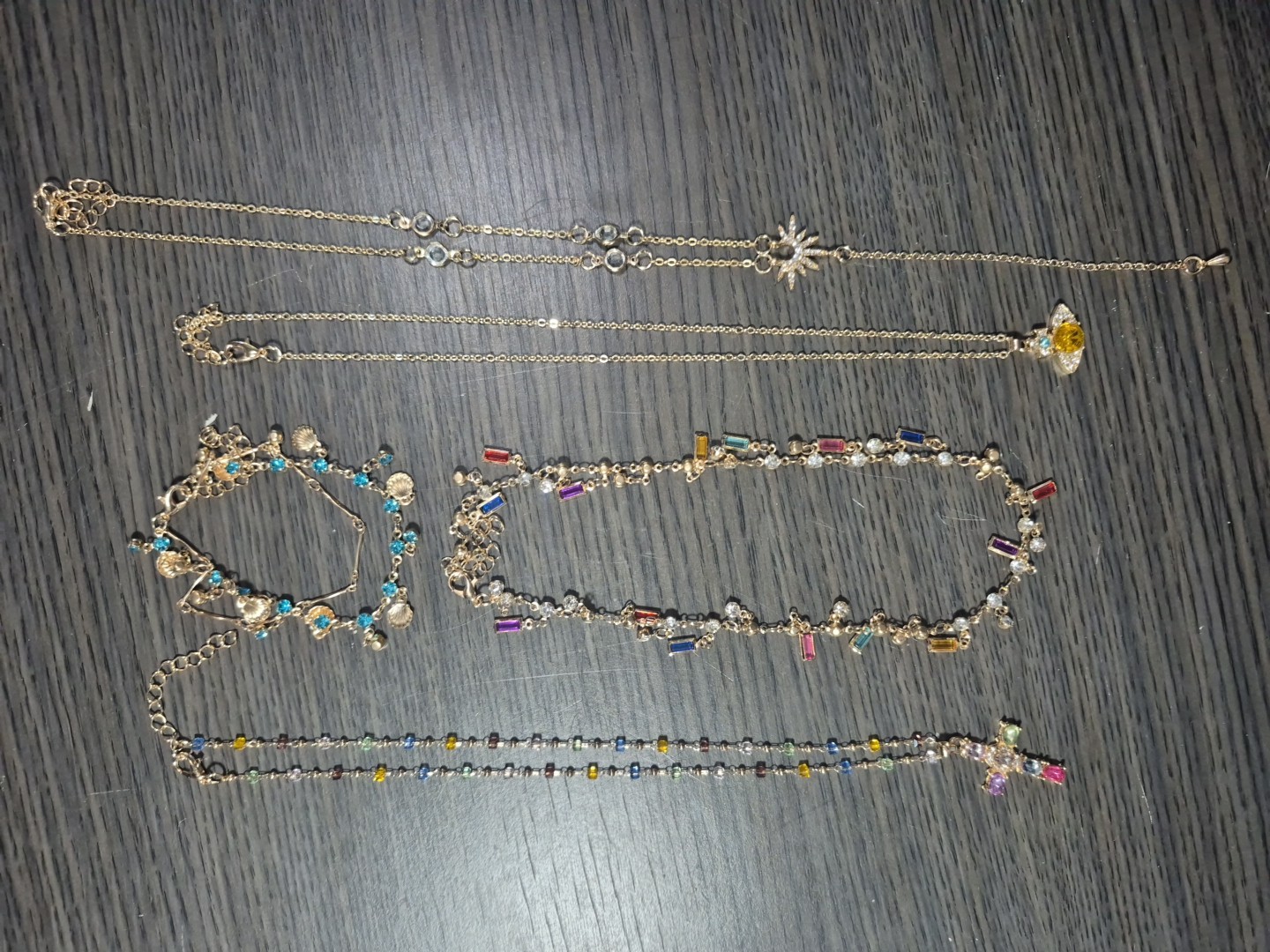5 Piece Lot Colored & Clear Gold Tone Fashion Necklaces And Bracelet