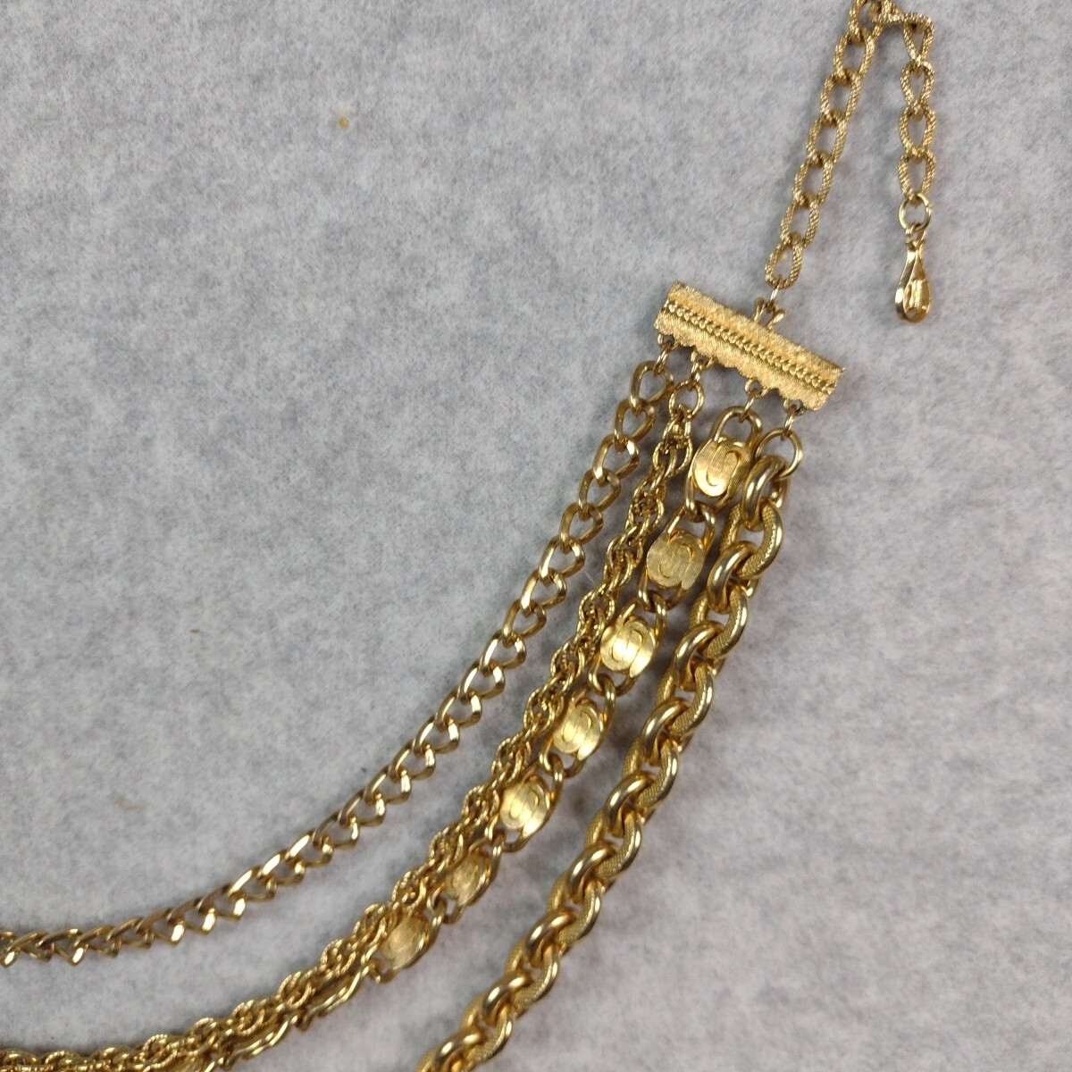 Gold Tone Hoop Closure Four Layer Chain Necklace Various Ornate Chain Styles