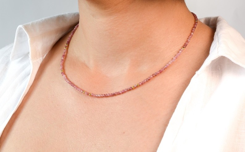 A++ Pink Tourmaline Faceted Round Gemstone Beads Self-Acceptance Necklace 24”