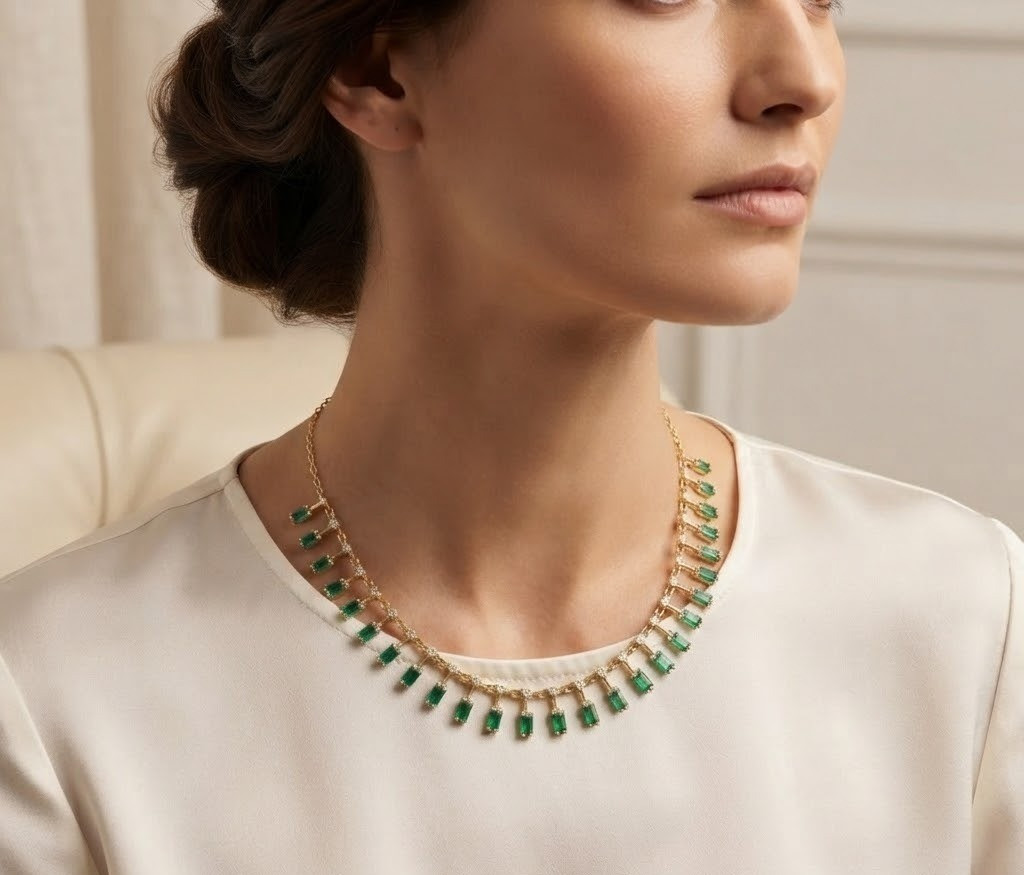 Green Emerald Tennis Necklace 925 Sterling Silver Gold Plated Statement Jewelry