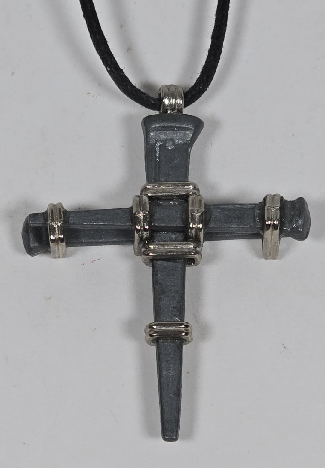Forged Nail Cross Necklace Rustic Metal Pendant on Black Cord Wit Rugged Design