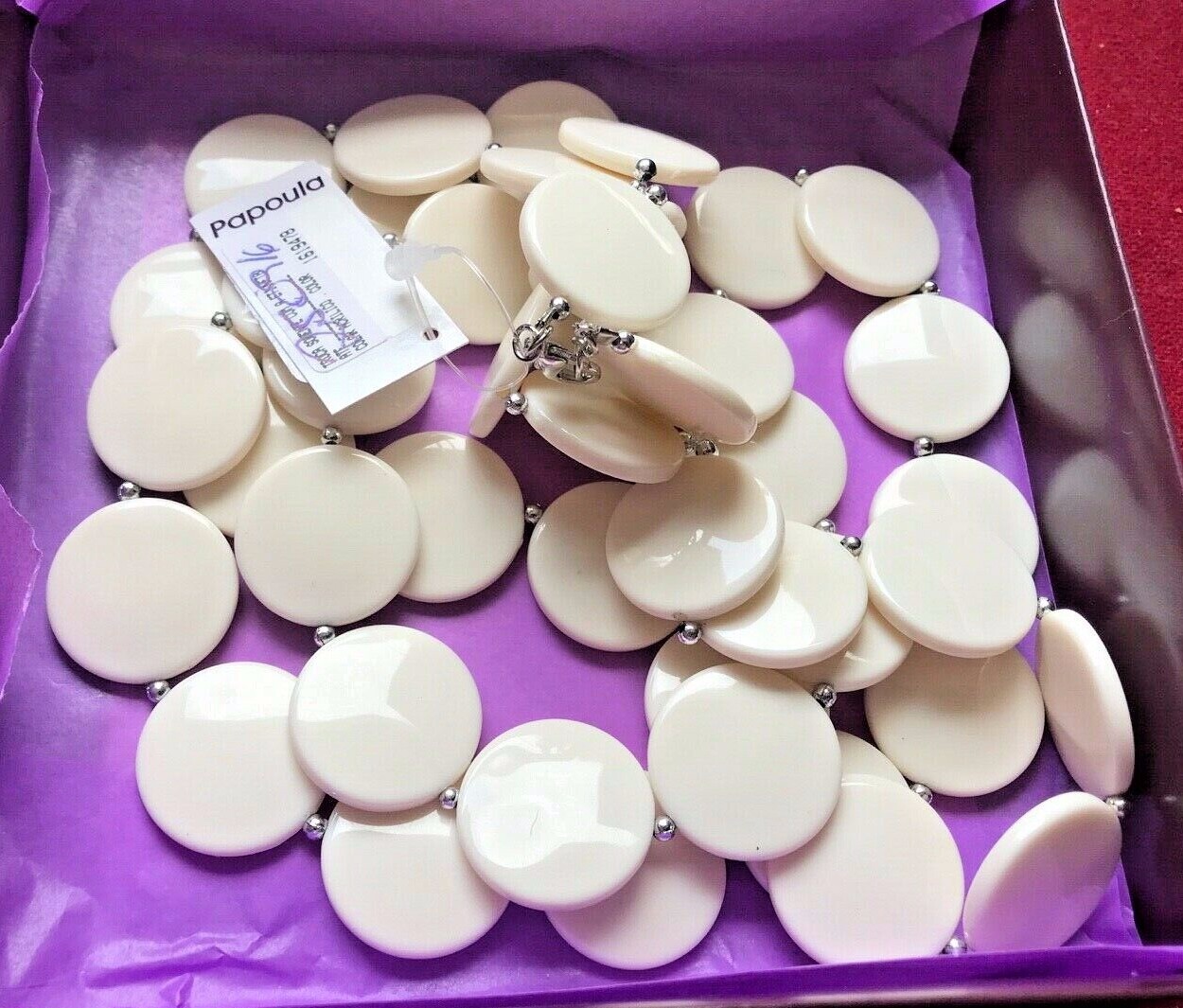 Papoula Necklace Cream Disks Silver Bead Spacers New With Box Made In Brazil