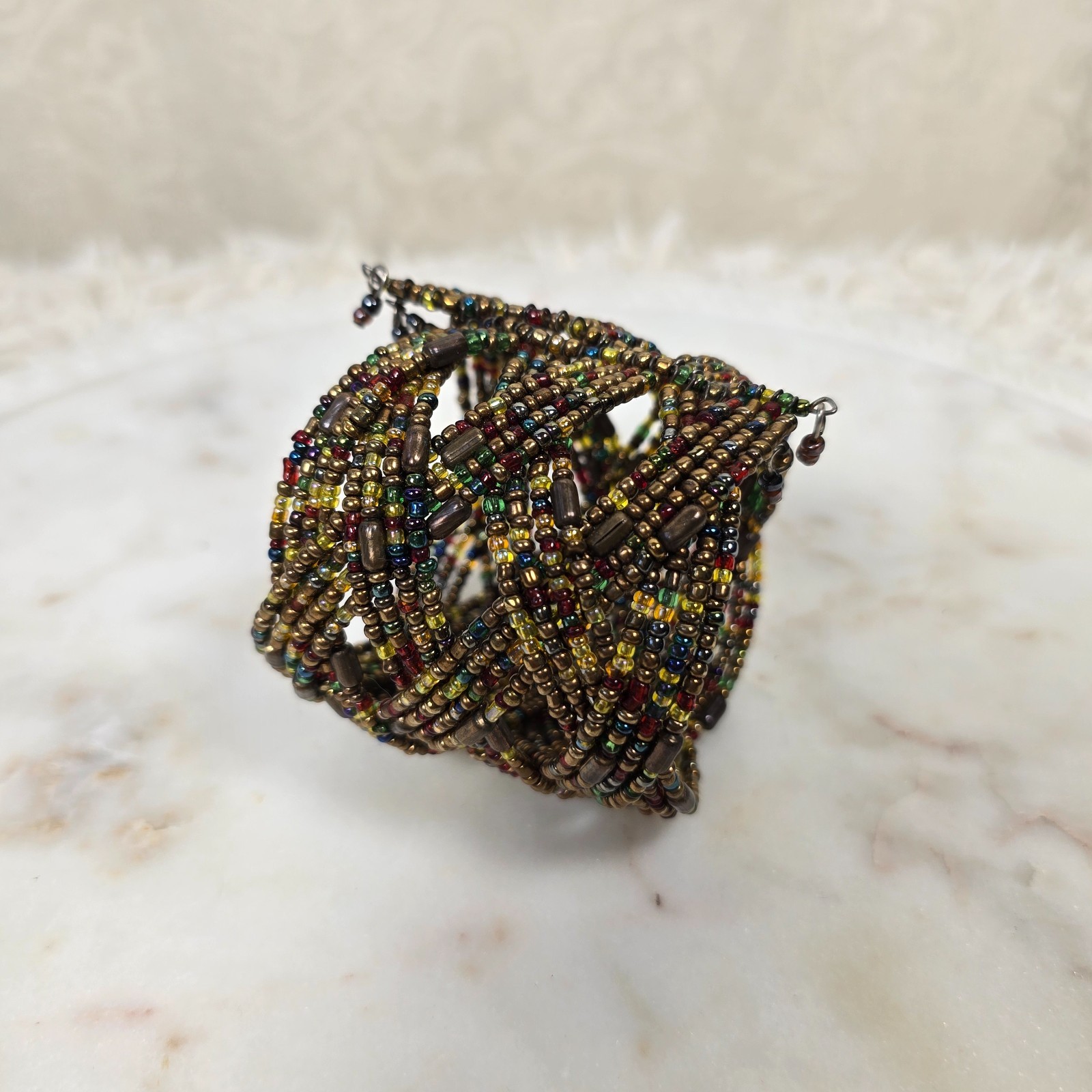 Vintage Handmade Artisan Beaded Braided Cuff Bracelet