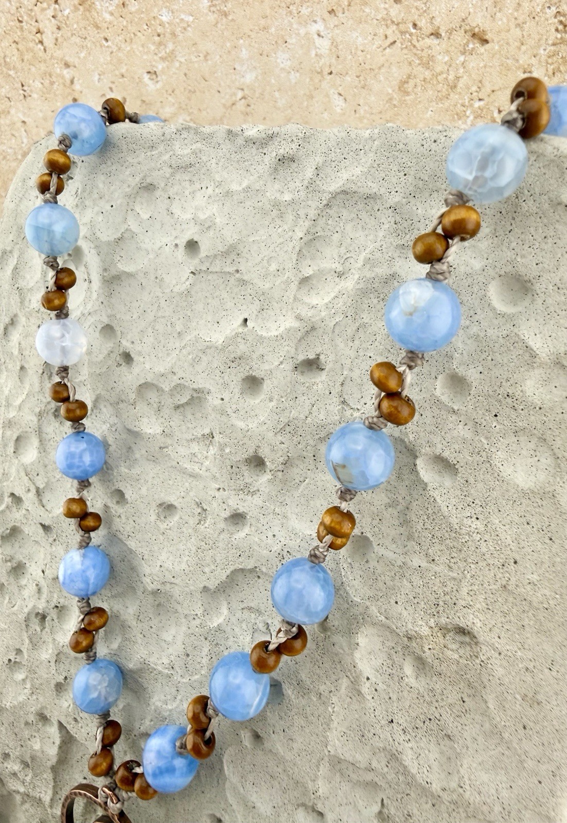 Copper Moon Pendant Necklace w/ Blue Banded Crackle Agate Crystal USA Artisan