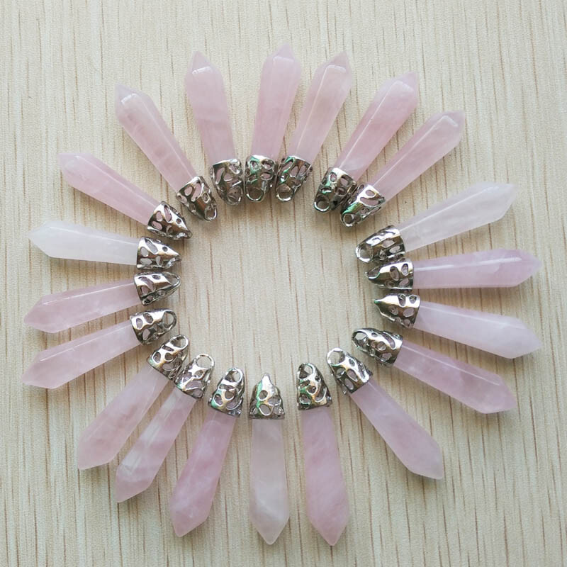 Natural 50pcs Rose Quartz Stone Hexagonal Pillar Pendant Bead Jewelry 10x32mm