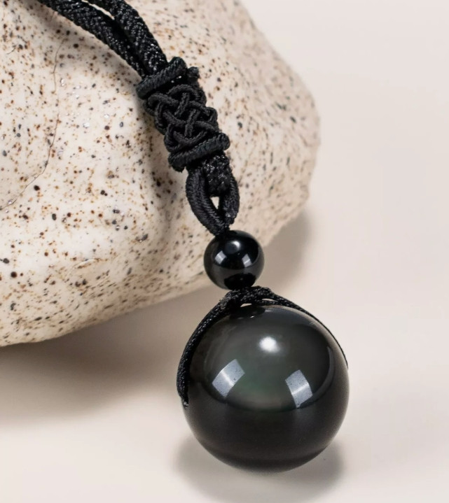 Rainbow Obsidian Pendant 16MM Stone Beaded Necklace Women Men Cord Jewelry