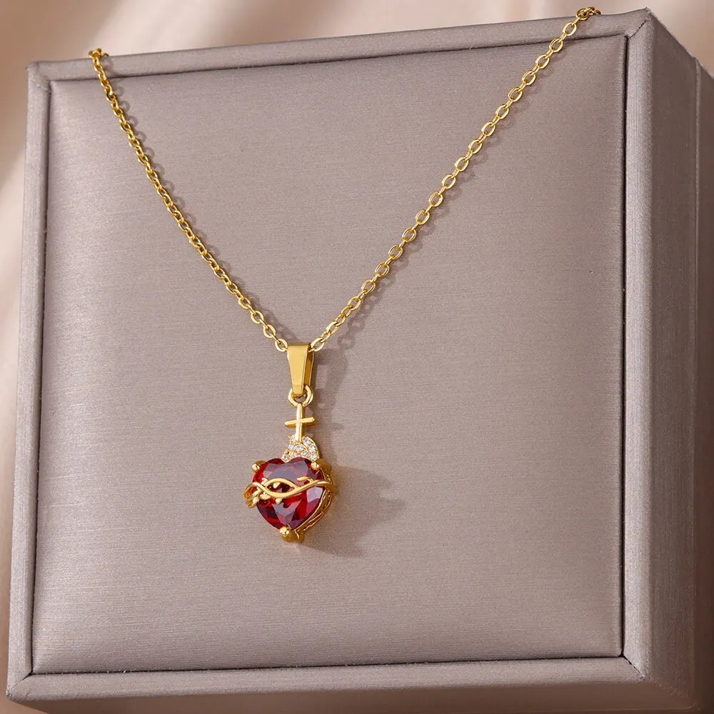 316L Stainless Steel Zircon Heart Cross Necklace for Women – Vintage Aesthetic