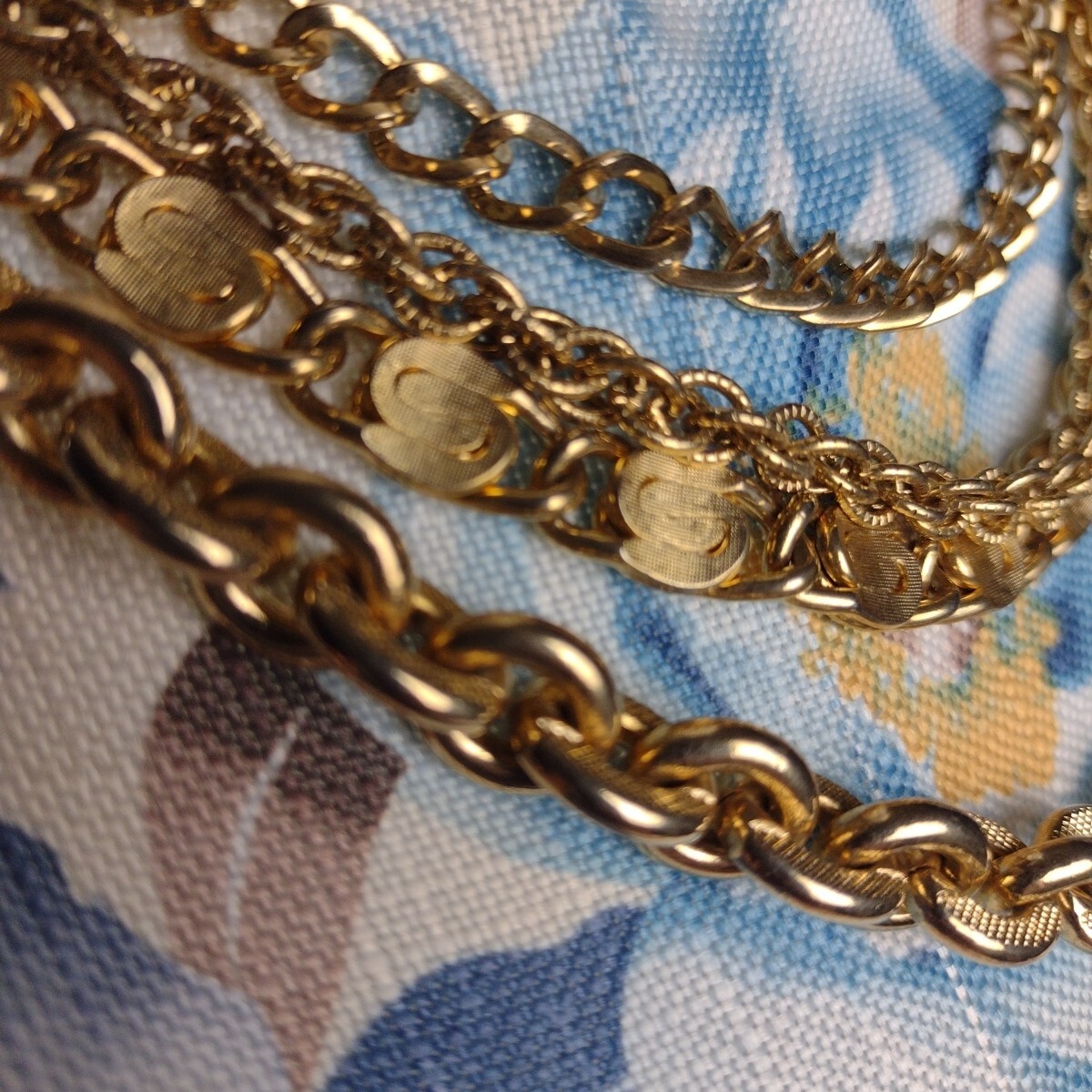 Gold Tone Hoop Closure Four Layer Chain Necklace Various Ornate Chain Styles