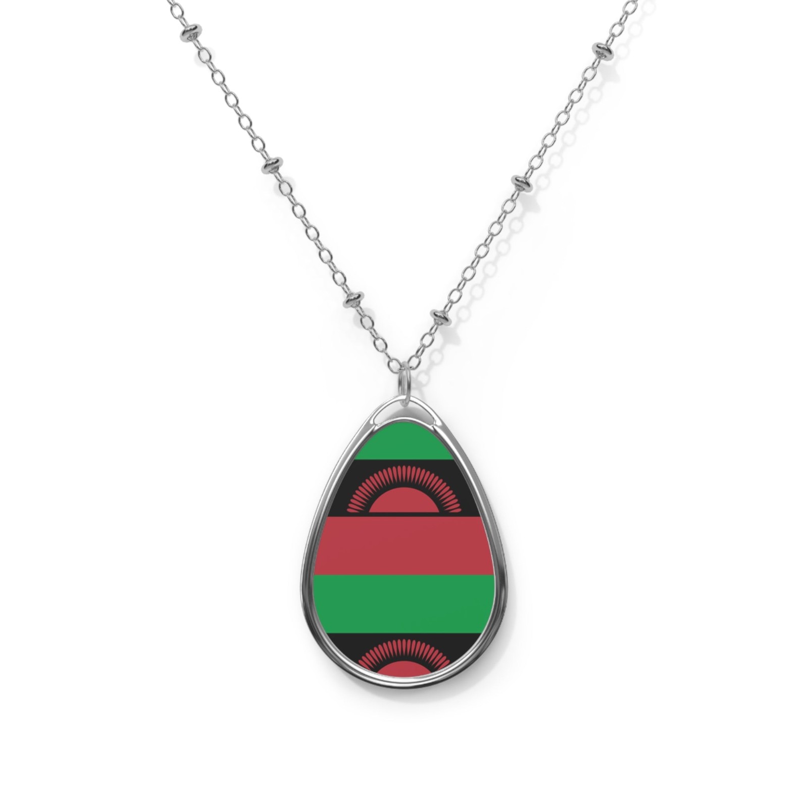 Malawi Flag Necklace – Malawian Heritage Oval Pendant – One Size / Silver