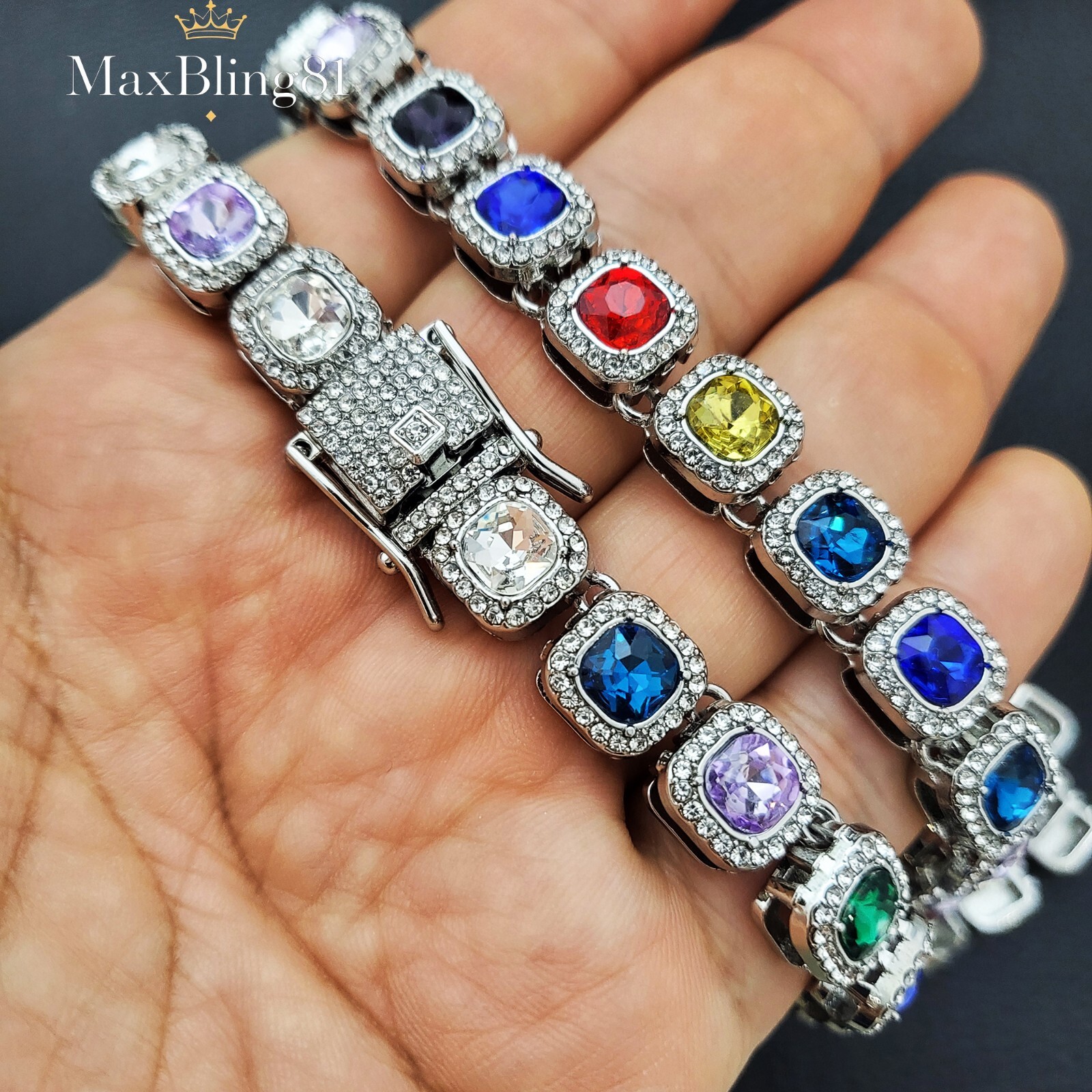 Unisex Hip Hop Style Silver Plated Iced CZ 20″ Multi Color Stone Chain Necklace