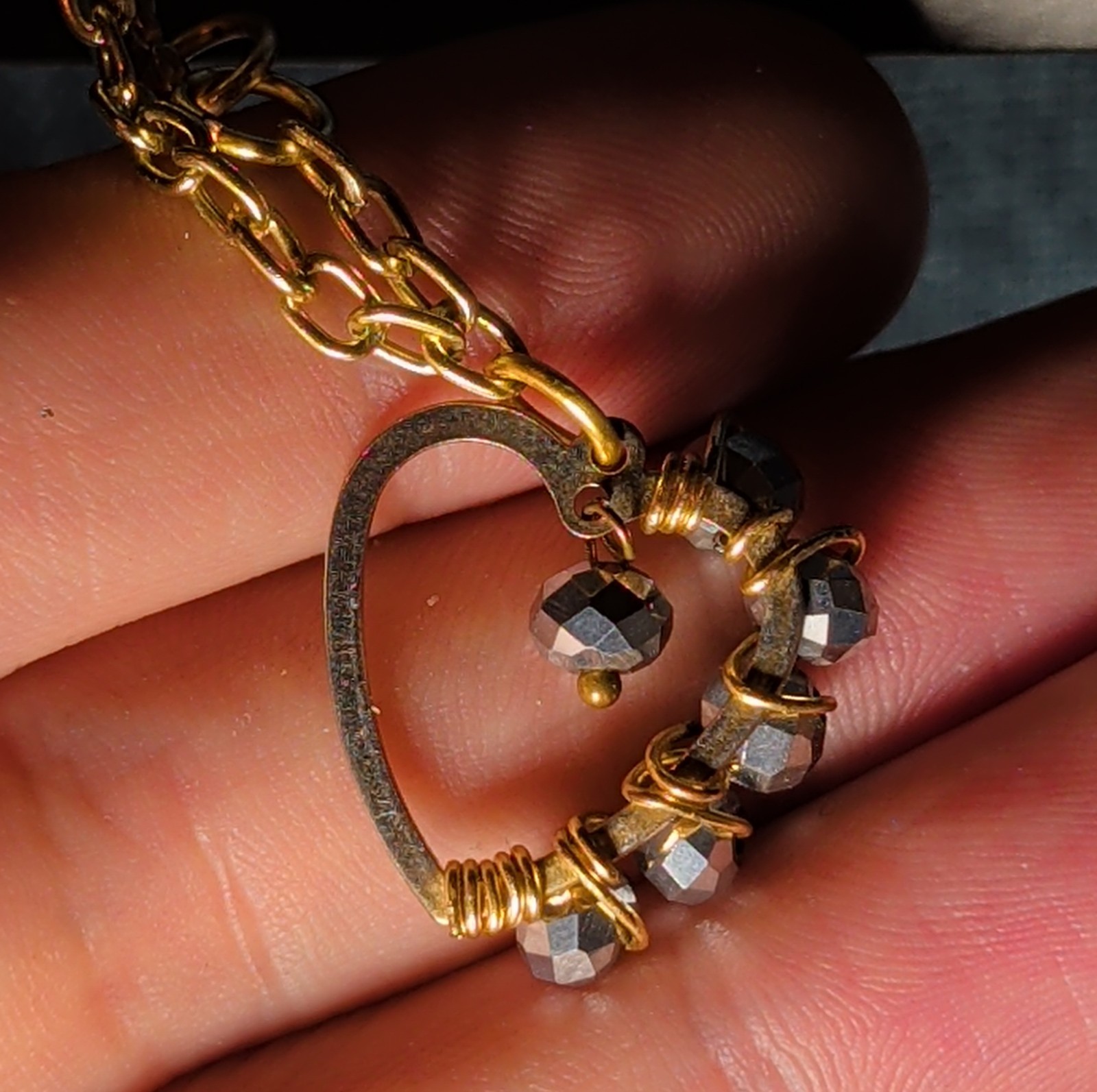 Wire Wrapped Heart Bracelet Gold Tone Hematite Bead Boho