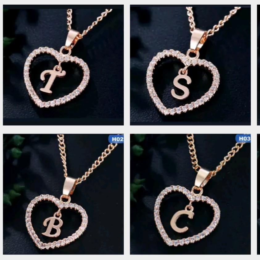 Letter Heart Necklace – Rose Gold Pendant Crystal Rhinestone Inital Charm Bling