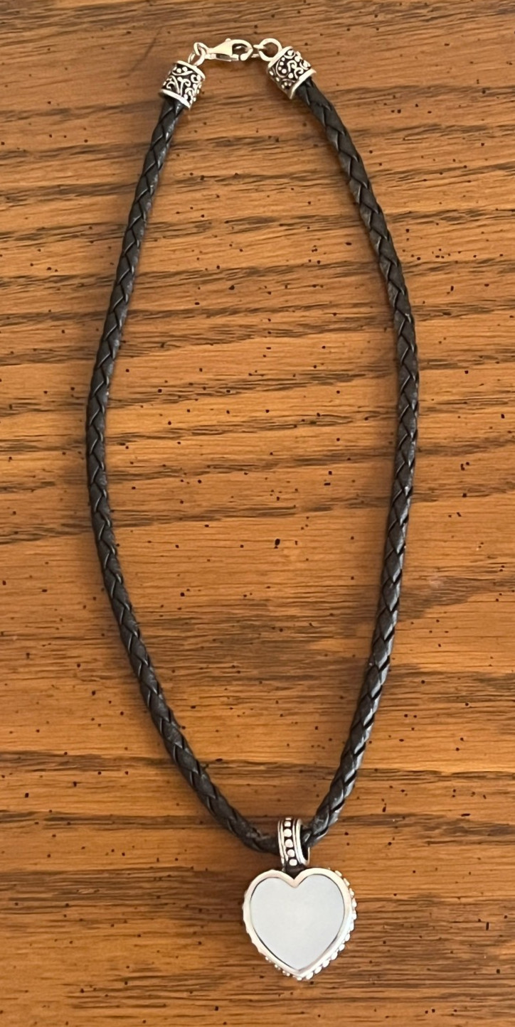 15 INCH 925 SILVER & MOTHER OF PEARL HEART BLACK BRAIDED ROPE NECKLACE