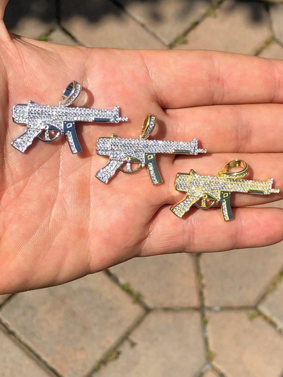 Real Solid 925 Silver AK-47 Machine Gun CZ Piece Super Icy Pendant W. Chain