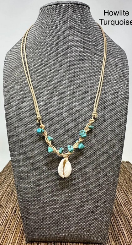 Adjustable Cowrie Shell Necklace Gemstone Beads – Turquoise, Tiger’s Eye, Amethy