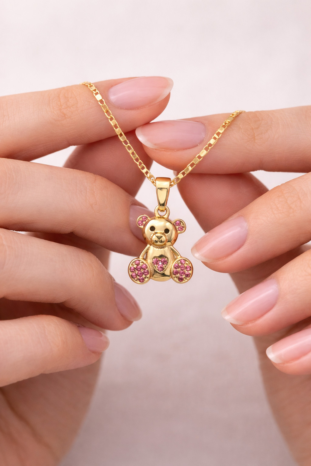 Gold Filled Teddy Bear Pendant Necklace Pink Crystal 18in Cute Women Gift