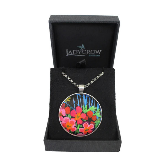 Luxurious Fine Liberty Silk Satin Black Vibrant Floral Design Pendant Necklace