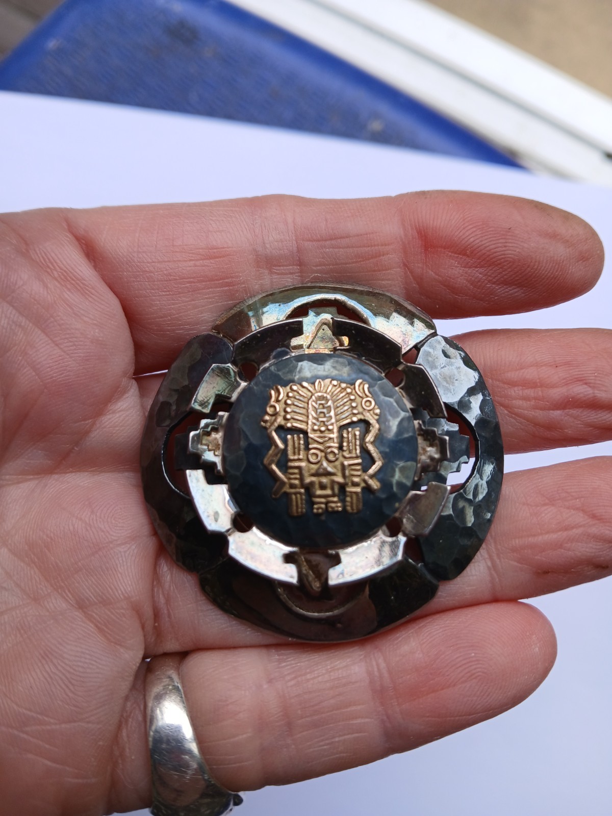 Vintage Peruvian pendant brooch sterling silver 18K gold carat tribal design