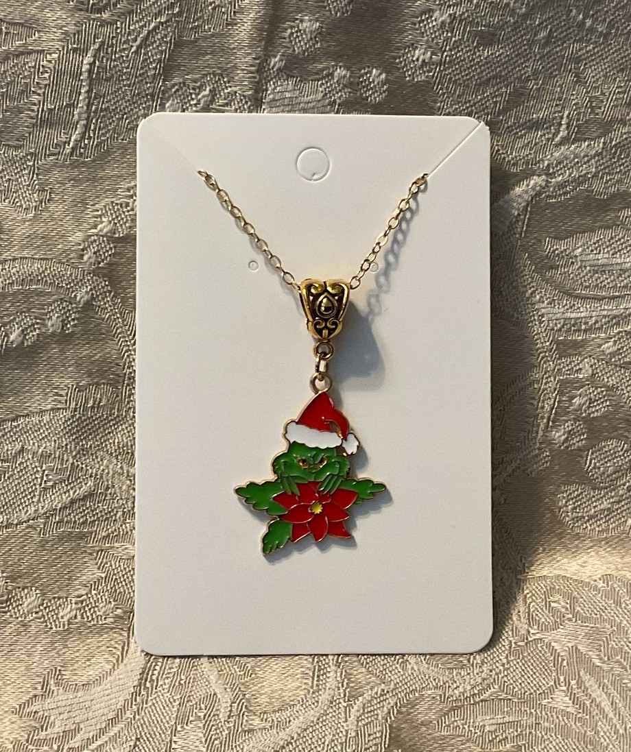 Grinch Christmas Holiday Gold Enamel Charm Adorable Boho Trendy Necklace 18”