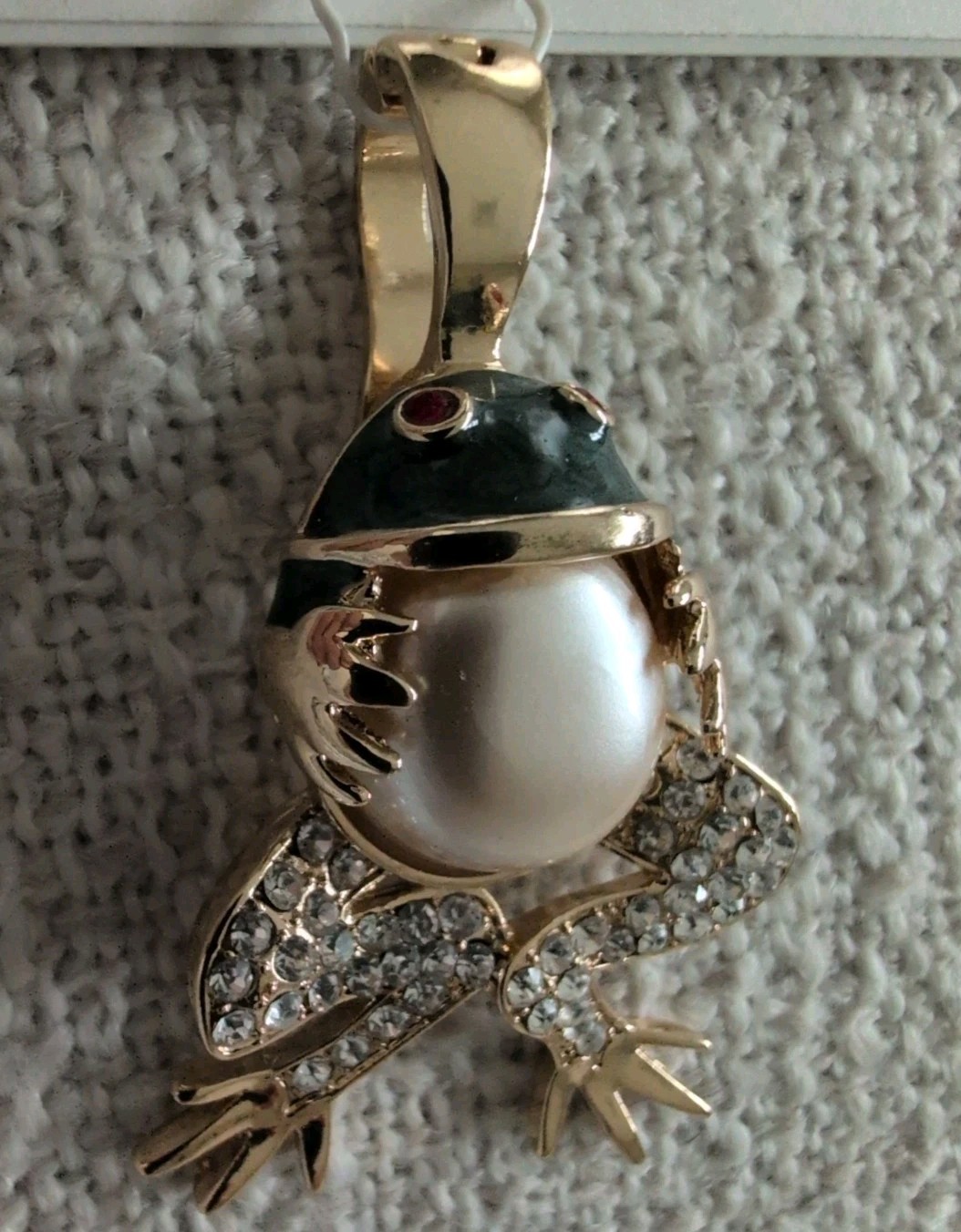 ROMAN WEARABLE ART FIGURAL FROG PENDANT FAUX PEARL BELLY RHINESTONES ENAMEL