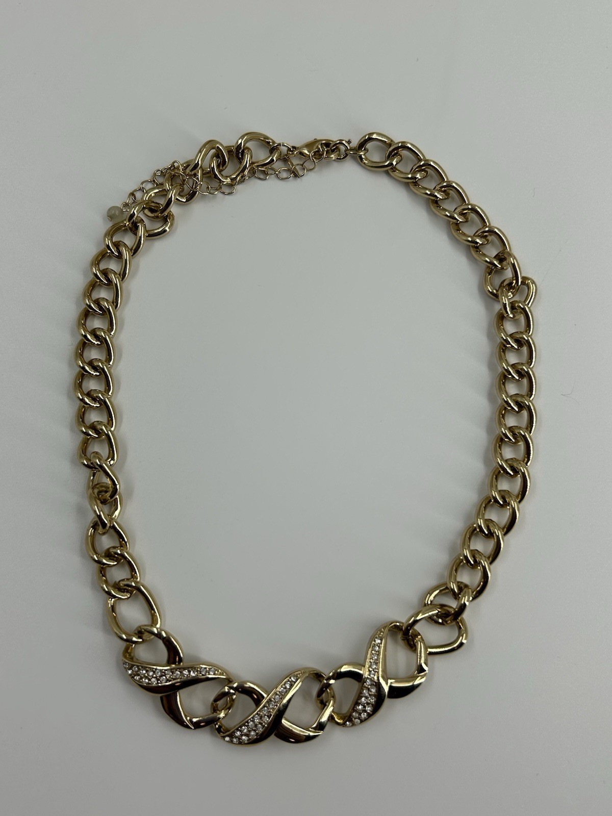 SAQ Gold Tone Chain Link Choker Necklace Womens Eternity Rhinestones 17-20″