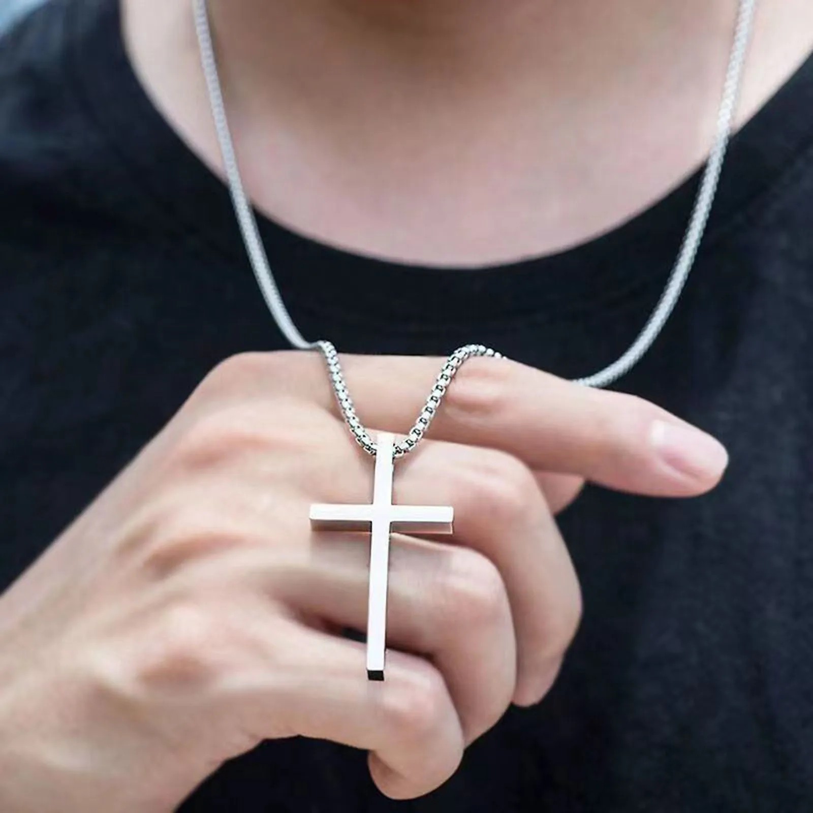 Vnox Cross Necklace Stainless Steel Chain Silver Cross Pendant Men Women
