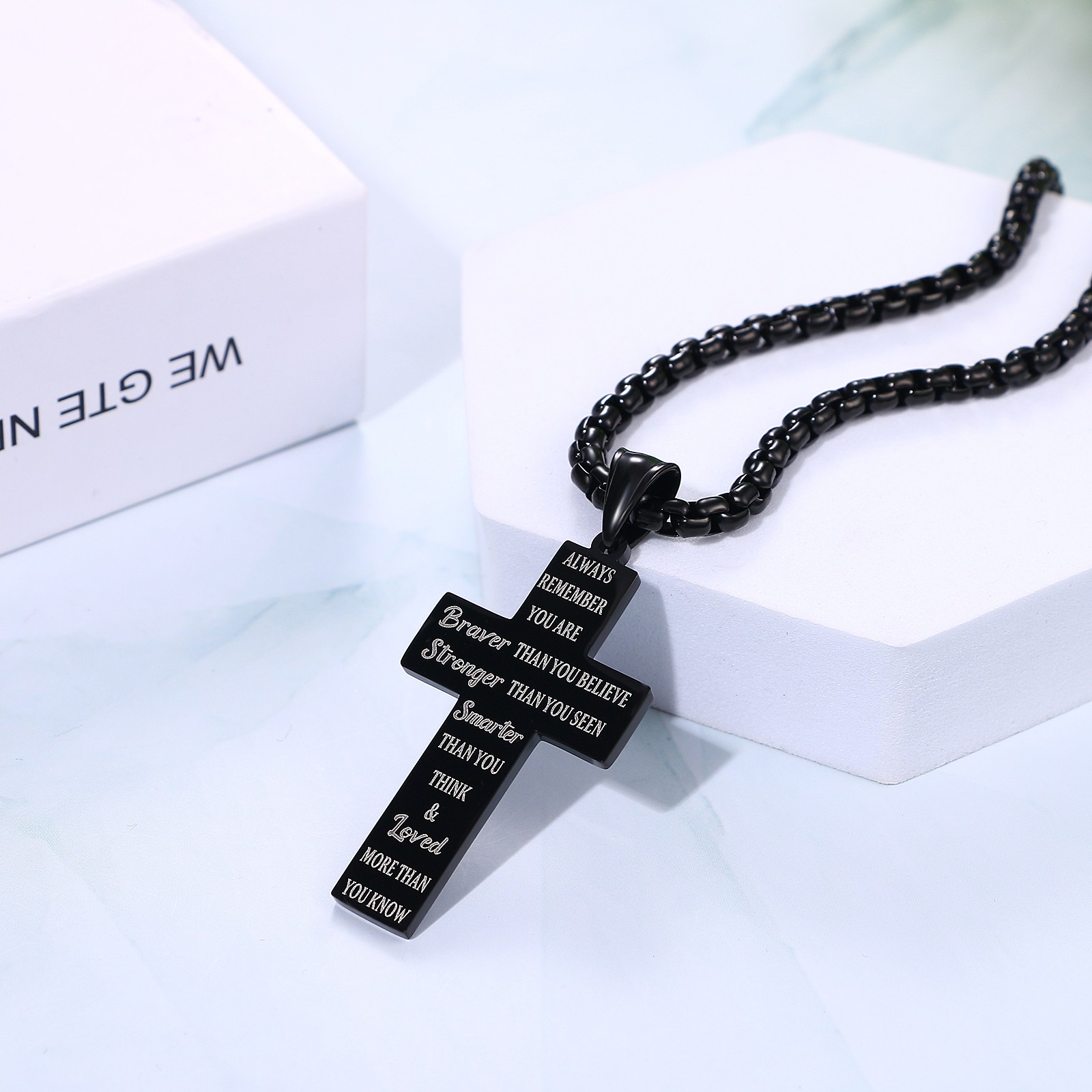 Mens Boys Inspirational Black American Flag Cross Pendant Bible Verse Necklace