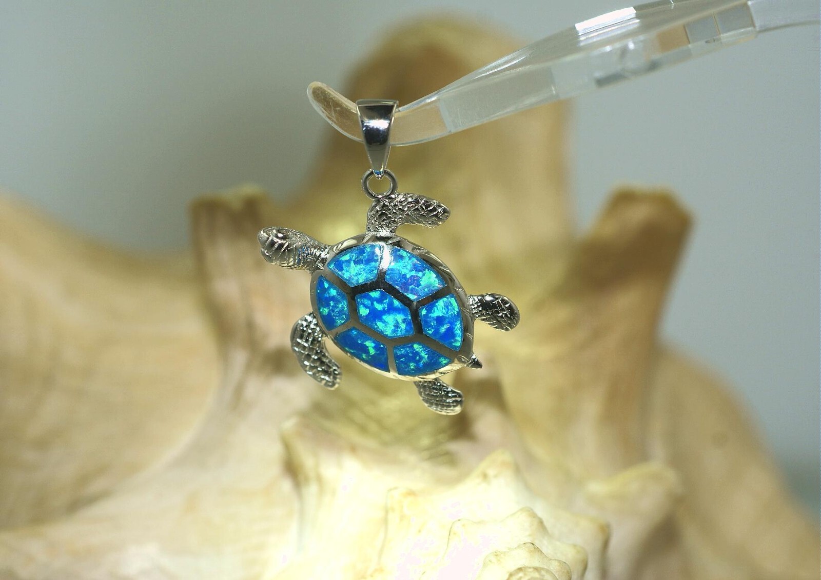 26MM RHODIUM 925 STER SILVER INLAID BLUE OPAL TEXTURED HAWAIIAN TURTLE PENDANT