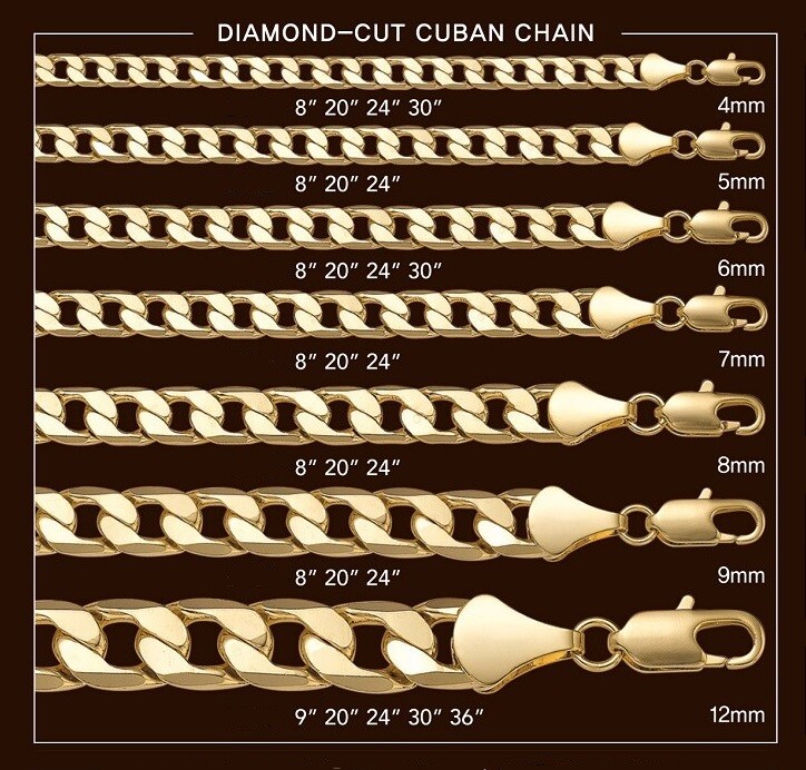 14k Italian Cuban link Chain Necklace 4mm to 12mm Gold Plated 8″ 9″ 20″ 24″ 30″