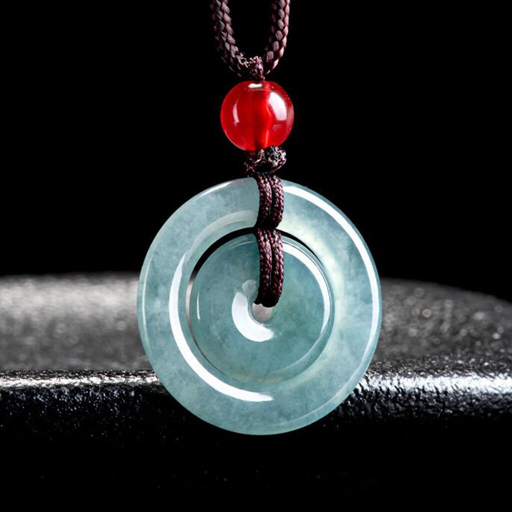 Certified Green Natural Burma A Jade jadeite Circle Donut Lucky Pendant Necklace